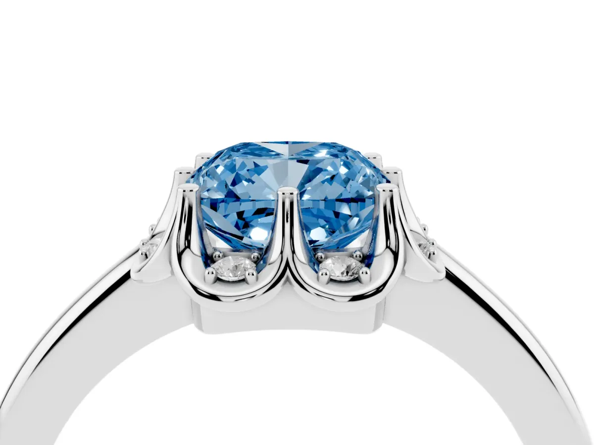Fancy Blue Cushion Cut Halo Diamond Ring with Round Cluster Setting, Solitaire Band, and Four-Prong Setting White gold