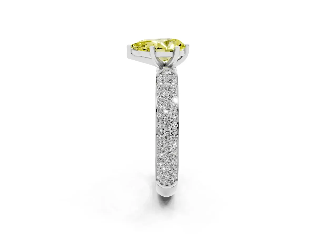 Fancy Yellow Pear Cut Diamond Solitaire Ring with Prong Setting and Pavé Band Silver
