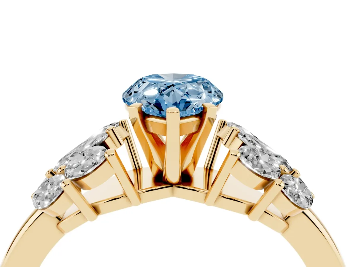 Fancy Blue Pear Cut Diamond Cluster Leaf Design Ring with Prong Setting Yellow gold