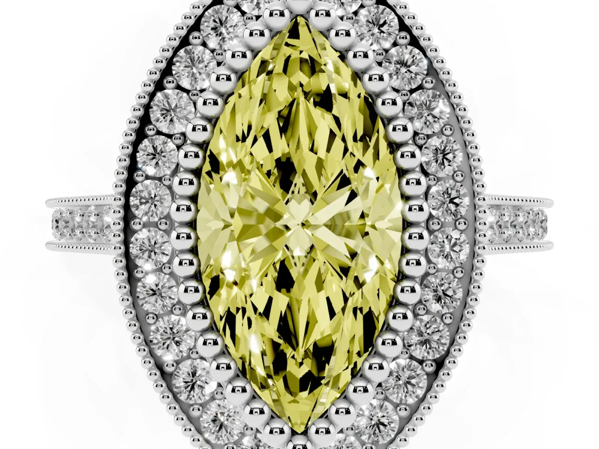 Fancy Yellow Marquise Cut Diamond Halo Ring with Milgrain Frame and Pavé Band Silver