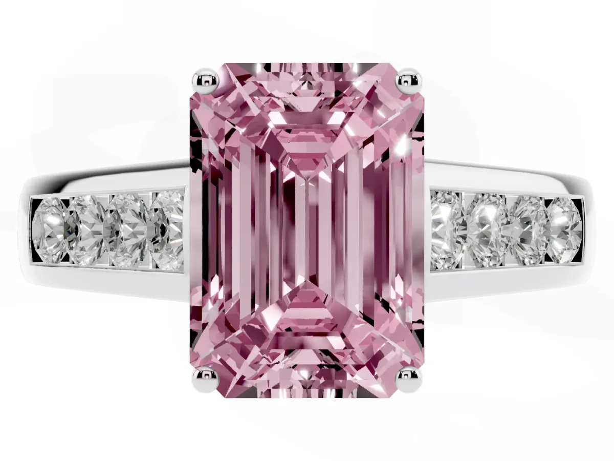 Fancy Pink Emerald Cut Solitaire Channel-Set Diamond Engagement Ring with Four-Prong Setting Platinum