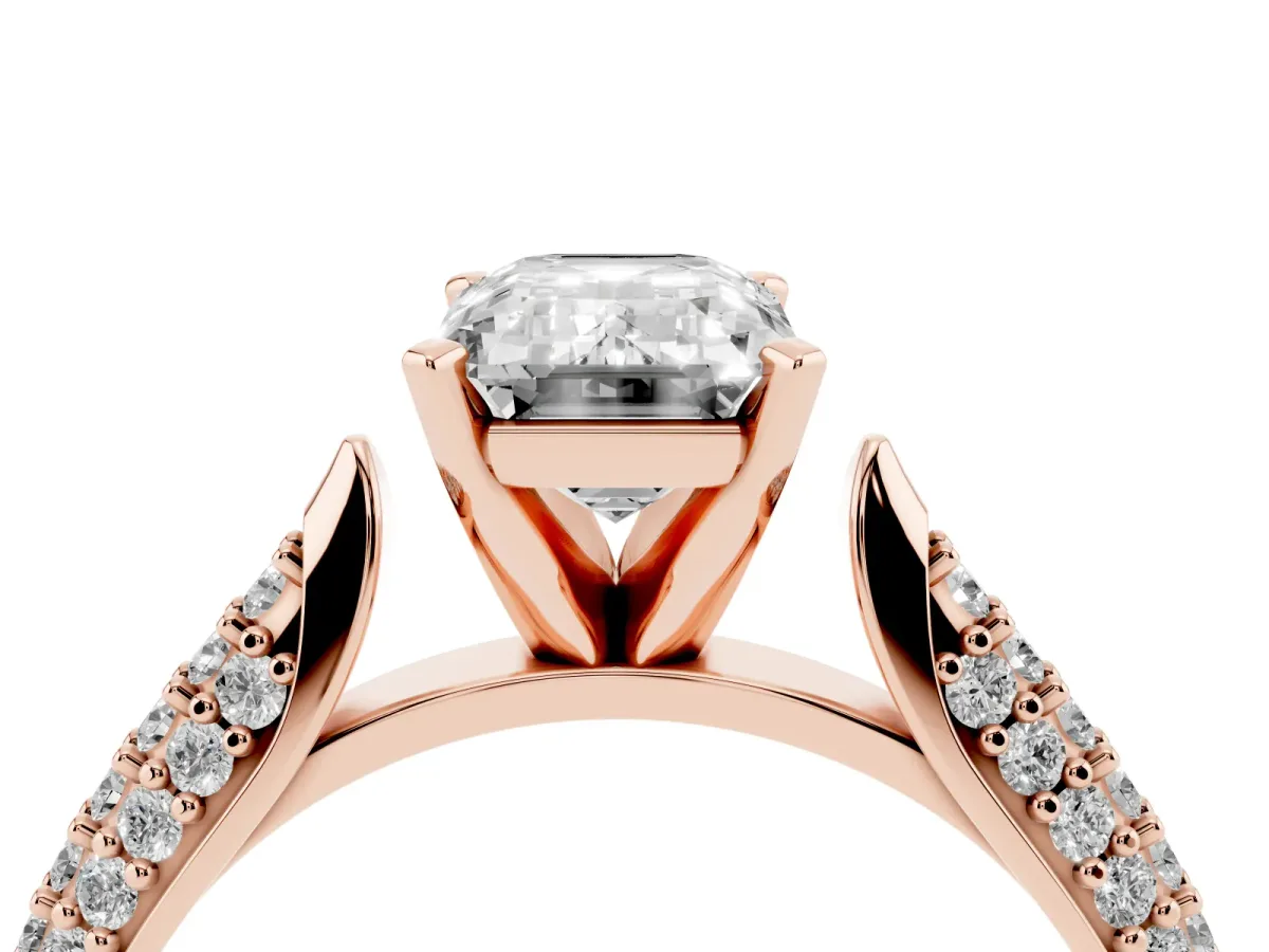 Emerald Cut Diamond Solitaire Engagement Ring with Multi-Row Round Pavé Band and Prong Setting Rose gold
