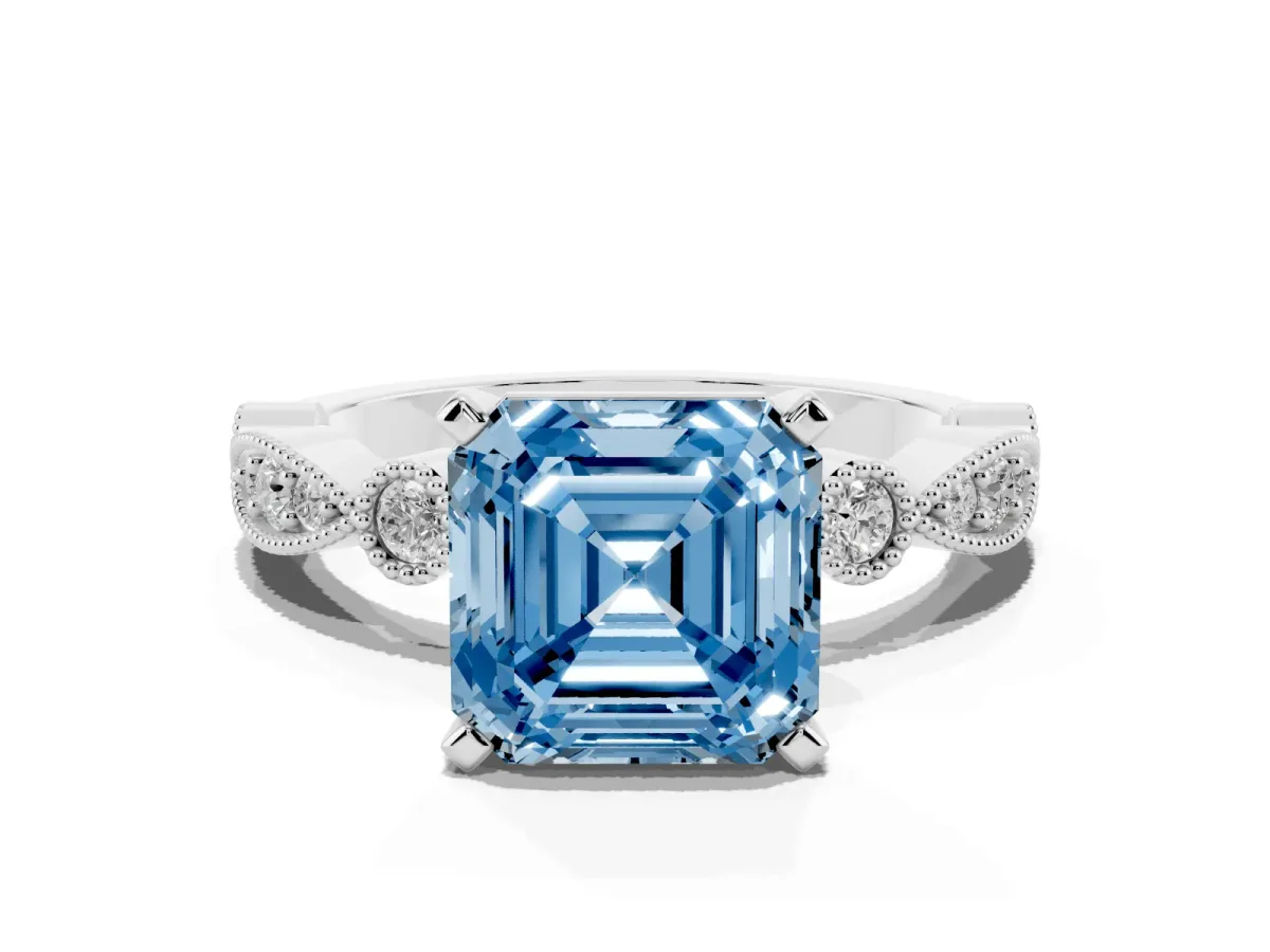 Fancy Blue Asscher Cut Milgrain Bezel Diamond Engagement Ring with Solitaire Prong Setting Silver