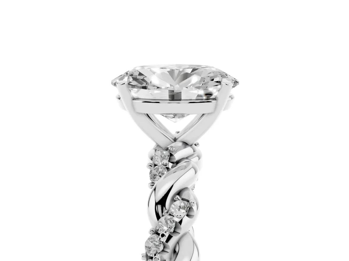 Oval Cut Diamond Solitaire Ring with Twisted Band and Pavé Accents White gold