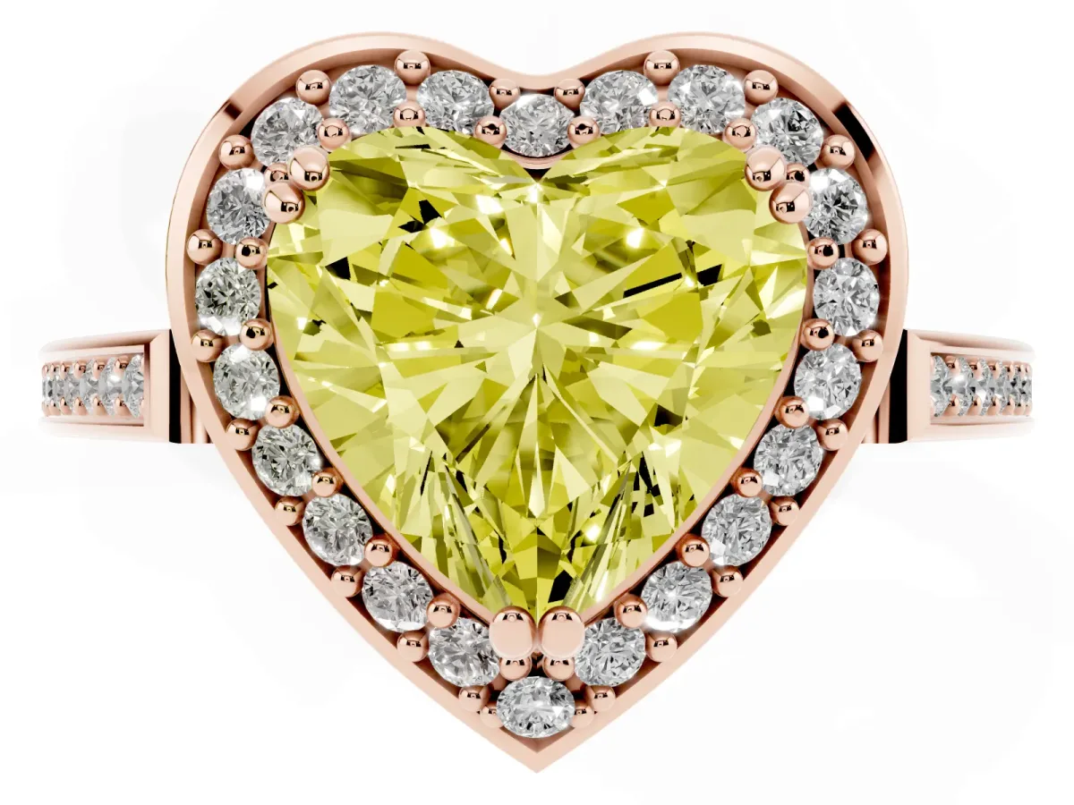 Fancy Yellow Heart Cut Diamond Halo Ring with Split Shank and Four-Prong Setting Rose gold