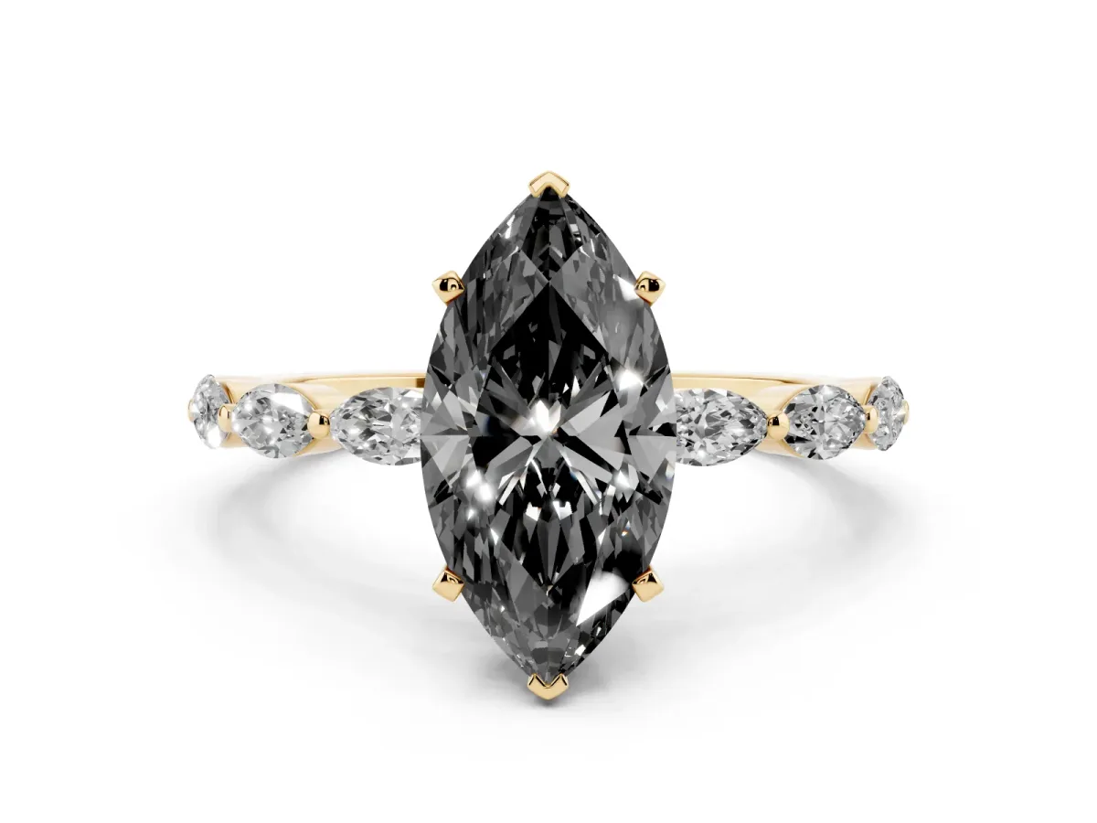 Fancy Black Marquise Cut Diamond Ring with Marquise Side Stones and Prong Setting Yellow gold