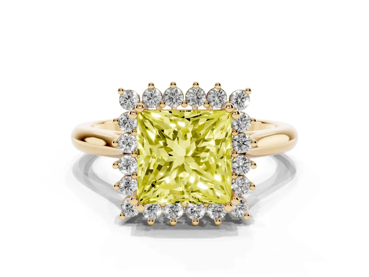 Fancy Yellow Princess Cut Cut Diamond Halo Ring with Solitaire Band and Prong Setting Yellow gold