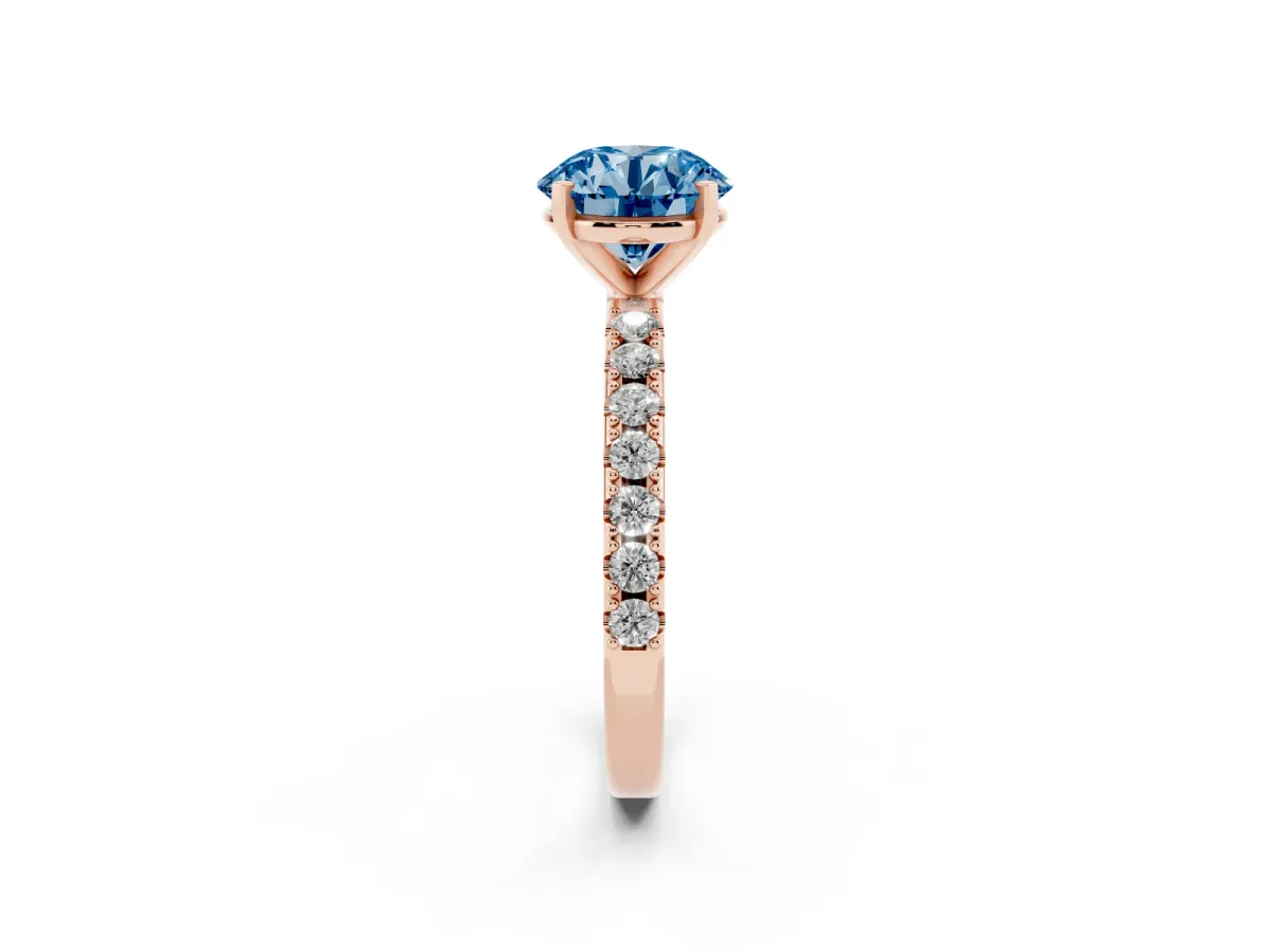 Fancy Blue Round Cut Diamond Solitaire Pavé Band with Four-Prong Setting Rose gold
