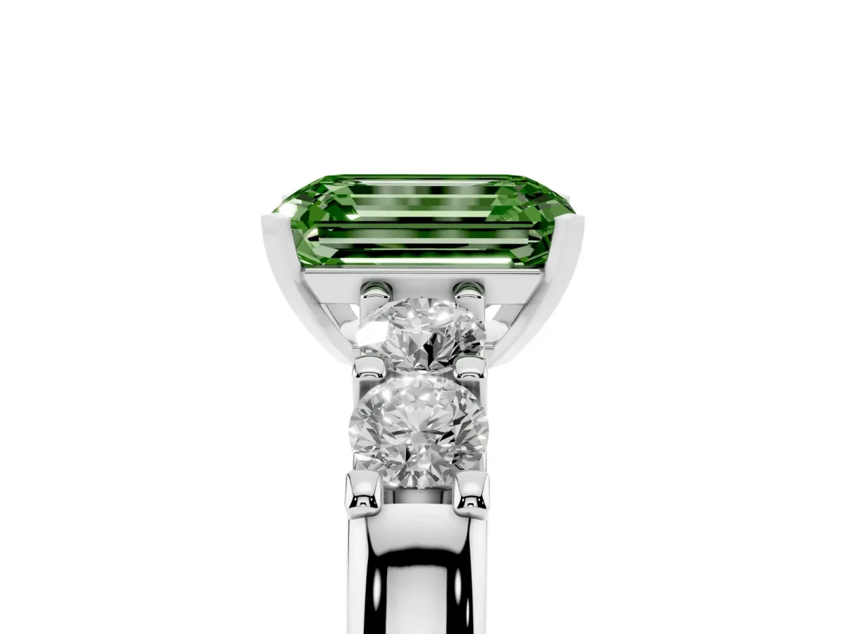 Fancy Green Emerald Cut Brilliant Cut Diamond Five-Stone Prong Set Engagement Ring with Channel Band Silver