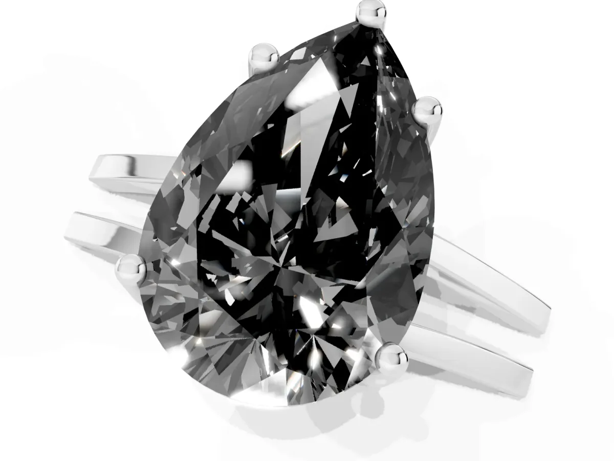 Fancy Black Pear Cut Cut Diamond Solitaire Engagement Ring with Tapered Plain Band and Four-Prong Setting Silver