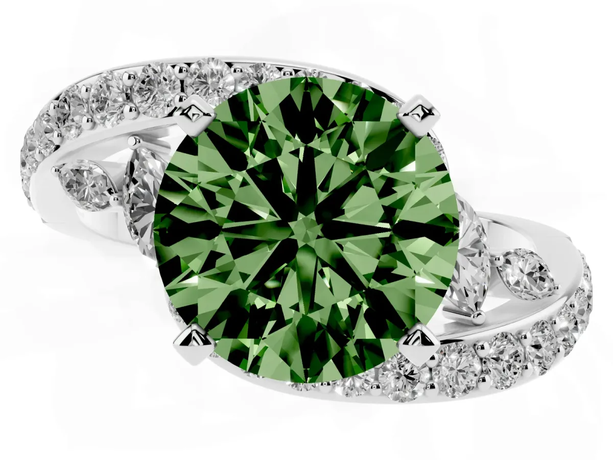 Fancy Green Round Cut Solitaire with Pavé Twist Band and Four-Prong Setting White gold