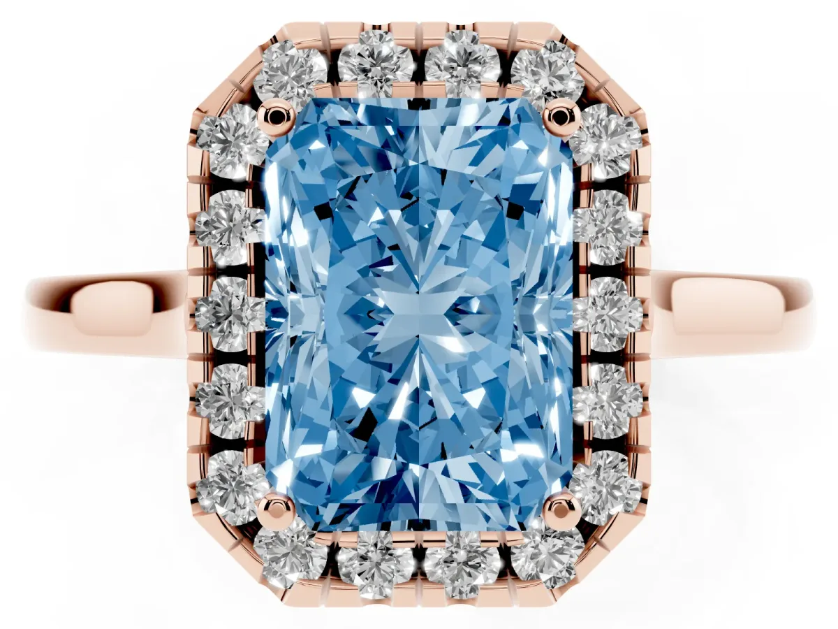Fancy Blue Radiant Cut Halo Round Diamond Solitaire Ring with Pavé Band and Four-Prong Setting Rose gold