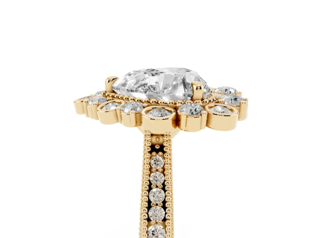 Heart Cut Halo Milgrain Pave Diamond Ring with Four-Prong Setting Yellow gold