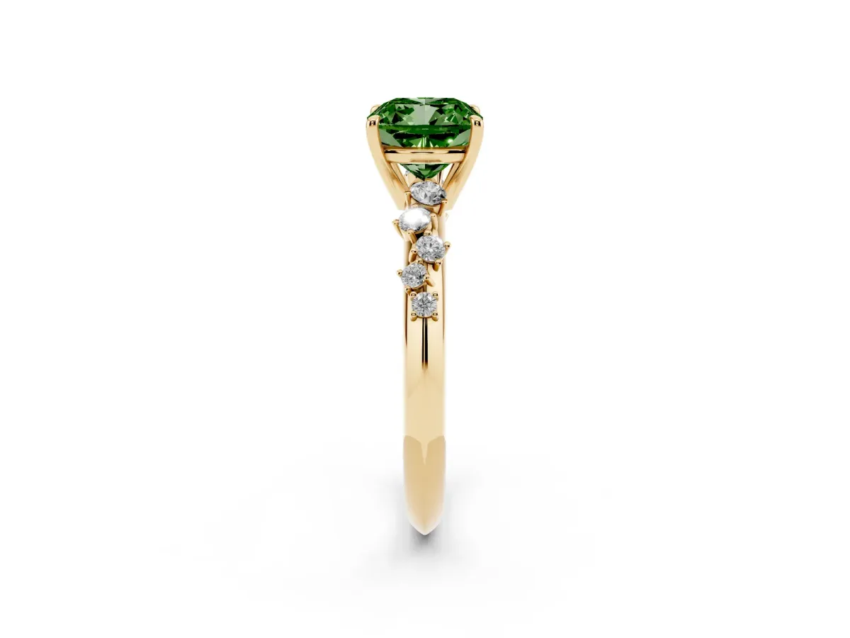 Fancy Green Cushion Cut Diamond Cluster Side Stone Solitaire Ring with Prong Setting Yellow gold