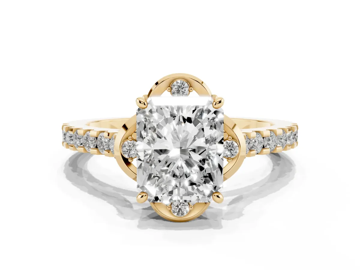 Radiant Cut Diamond Ring with Pavé Band and Floral Prong Setting Yellow gold
