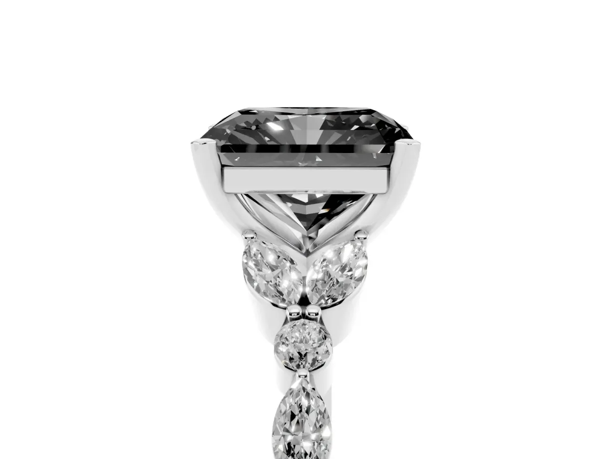 Fancy Black Radiant Cut Diamond Solitaire Ring with Side Stones and Four-Prong Setting Silver