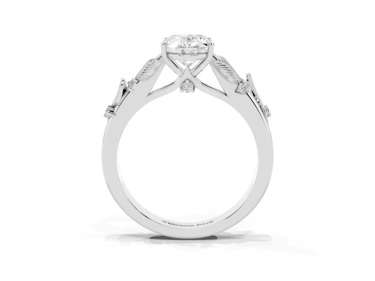 Oval Cut Diamond Solitaire Ring with Leaf Motif Band and Four-Prong Setting Silver