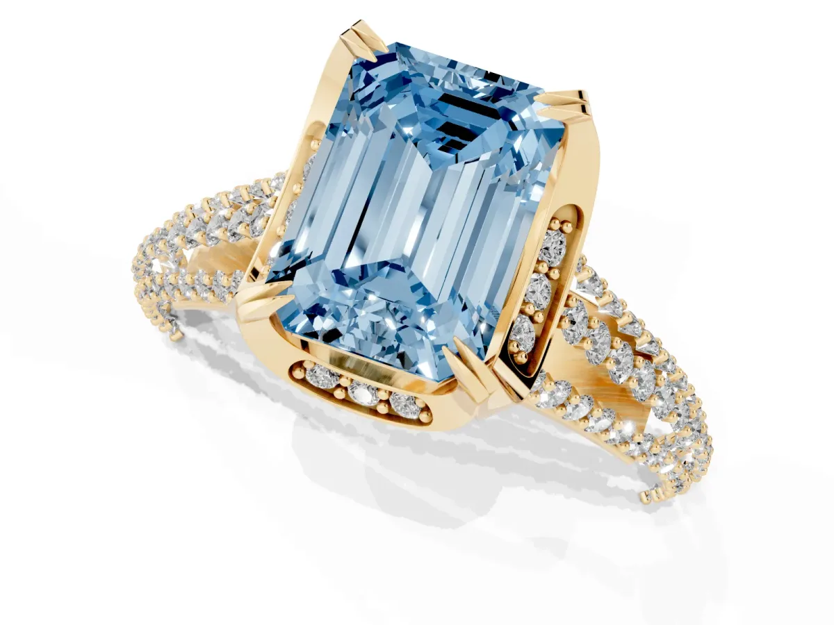 Fancy Blue Emerald Cut Solitaire Pave Split Shank Ring with Four-Prong Setting Yellow gold