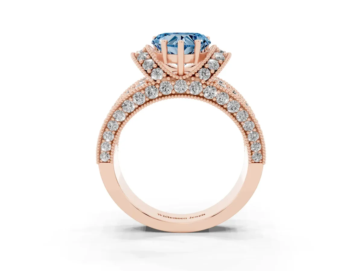 Fancy Blue Heart Cut Halo Pave Diamond Engagement Ring with Milgrain Detailing Rose gold