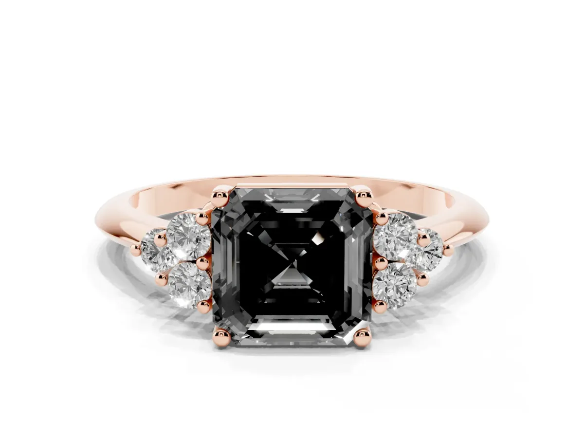 Fancy Black Asscher Cut Cut Diamond Cluster Ring with Solitaire Band and Four-Prong Setting Rose gold