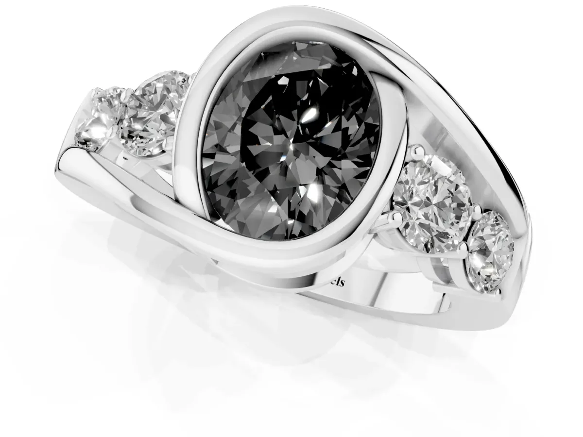 Fancy Black Bezel Set Oval Cut Diamond Bypass Ring with Round Accents Silver
