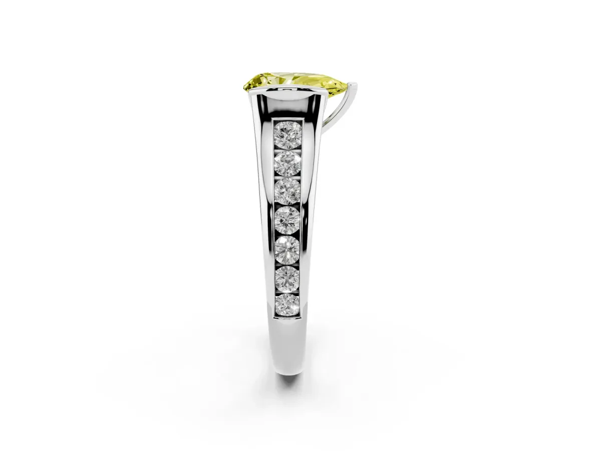 Fancy Yellow Pear Cut Solitaire Bezel-Set Diamond Ring with Channel-Set Band Silver