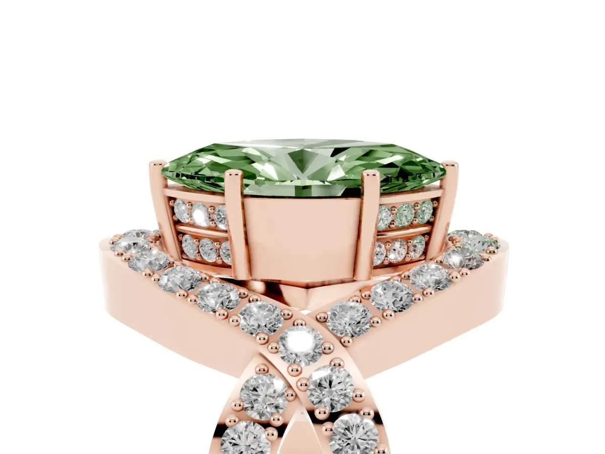 Fancy Green Marquise Cut Solitaire Twist Band Pavé Diamond Engagement Ring Rose gold