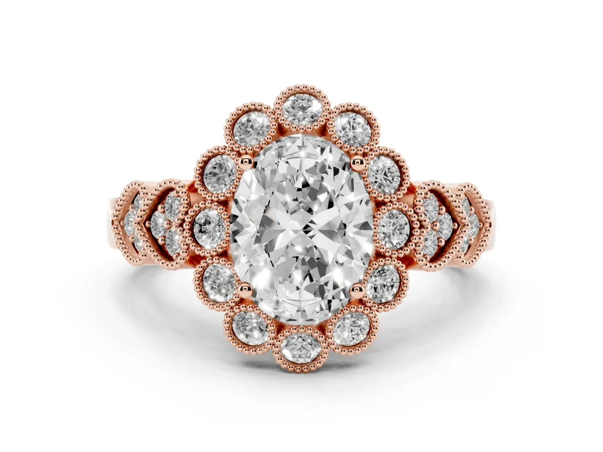 Oval Cut Brilliant Milgrain Pave Heart Band Solitaire Ring Rose gold