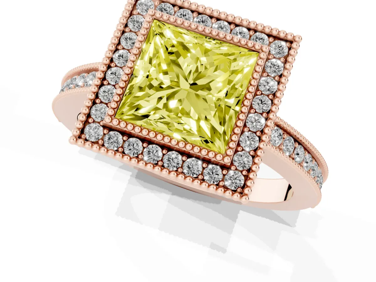 Fancy Yellow Princess Cut Cut Halo Diamond Ring with Pavé Band and Milgrain Prong Setting Rose gold