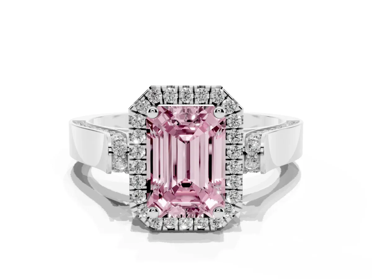 Fancy Pink Emerald Cut Halo Round Diamond Twist Band with Four-Prong Setting Platinum