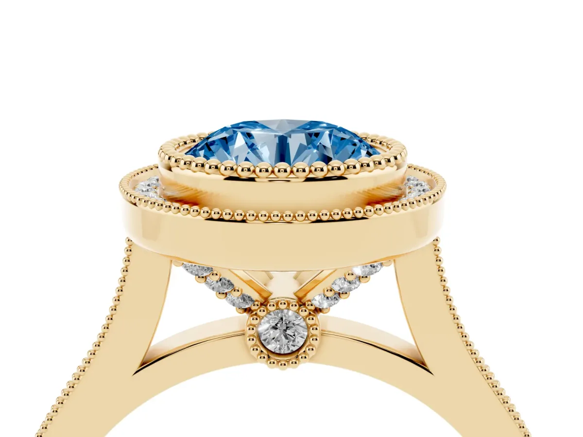 Fancy Blue Round Cut Diamond Halo Ring with Milgrain Frame and Pavé Band Yellow gold