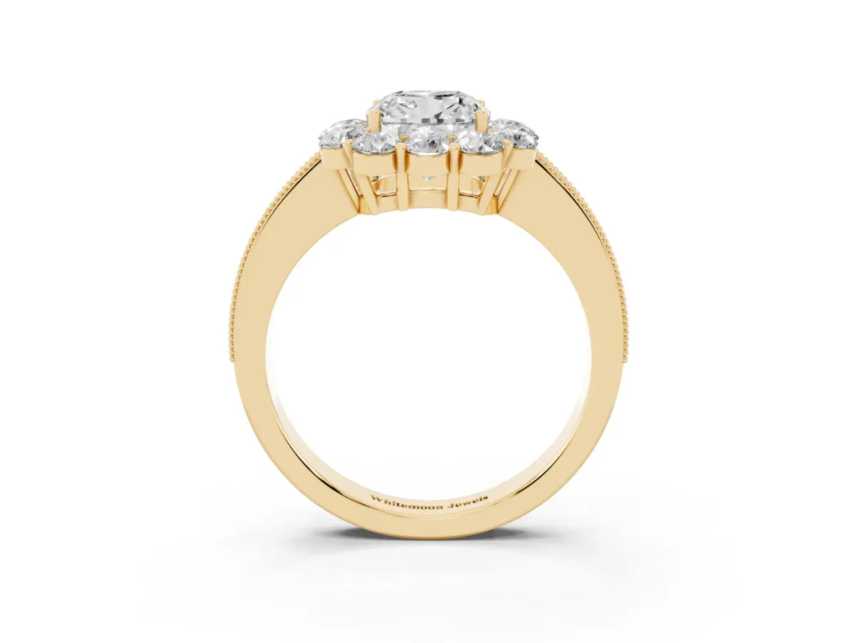 Cushion Cut Cut Halo Diamond Pavé Engagement Ring with Milgrain Detailing Yellow gold