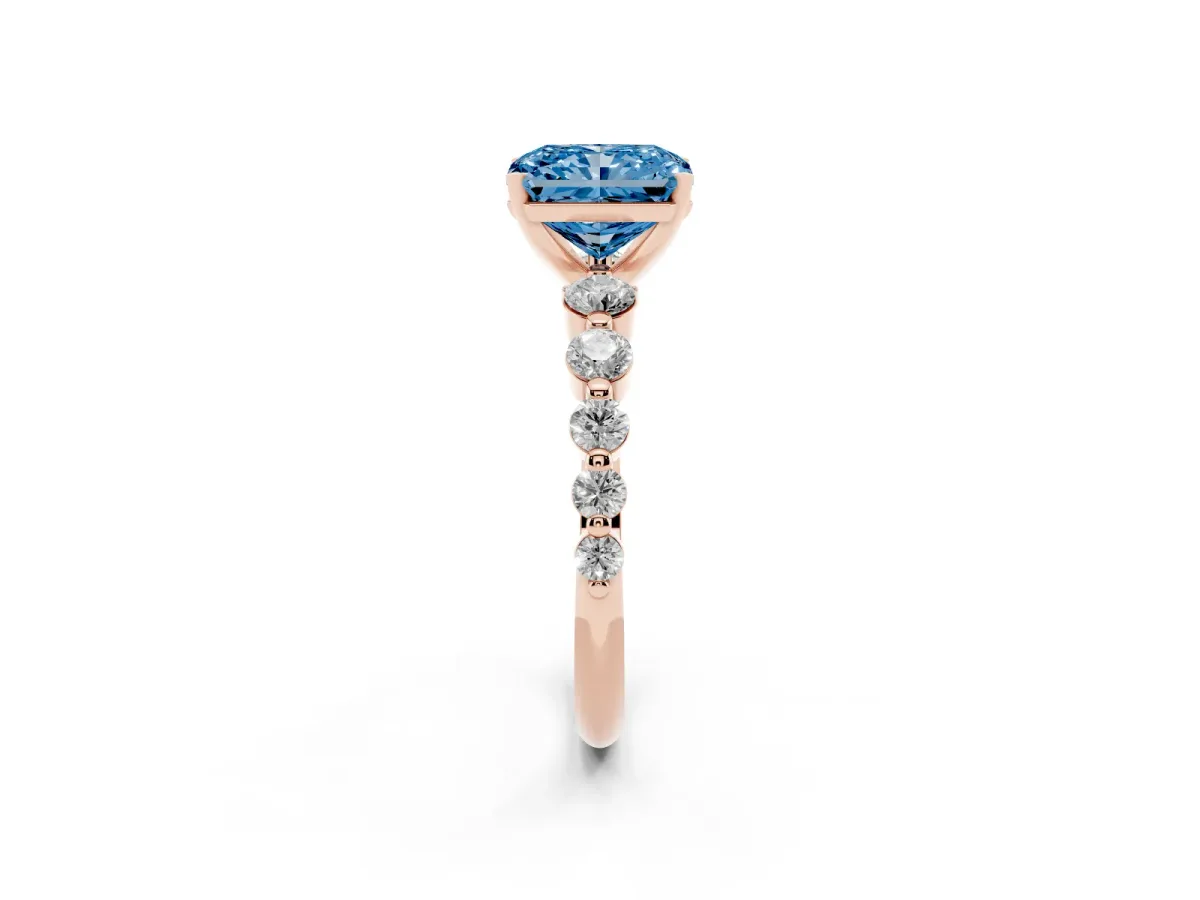 Fancy Blue Radiant Cut Solitaire Diamond Ring with Pave Band and Four-Prong Setting Rose gold