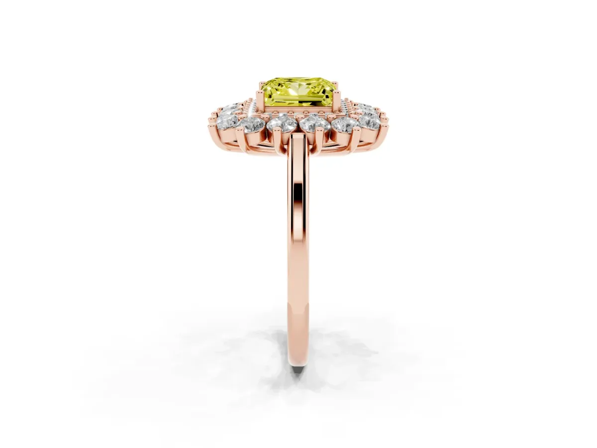 Fancy Yellow Princess Cut Diamond Floral Double Halo Engagement Ring with Prong Setting Rose gold