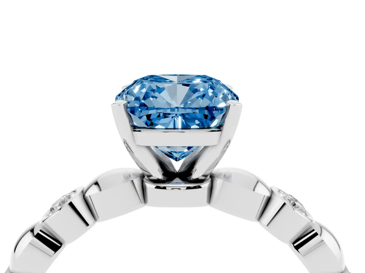 Fancy Blue Cushion Cut Solitaire Bezel-Set Diamond Ring with Beaded Band and Four-Prong Setting Silver