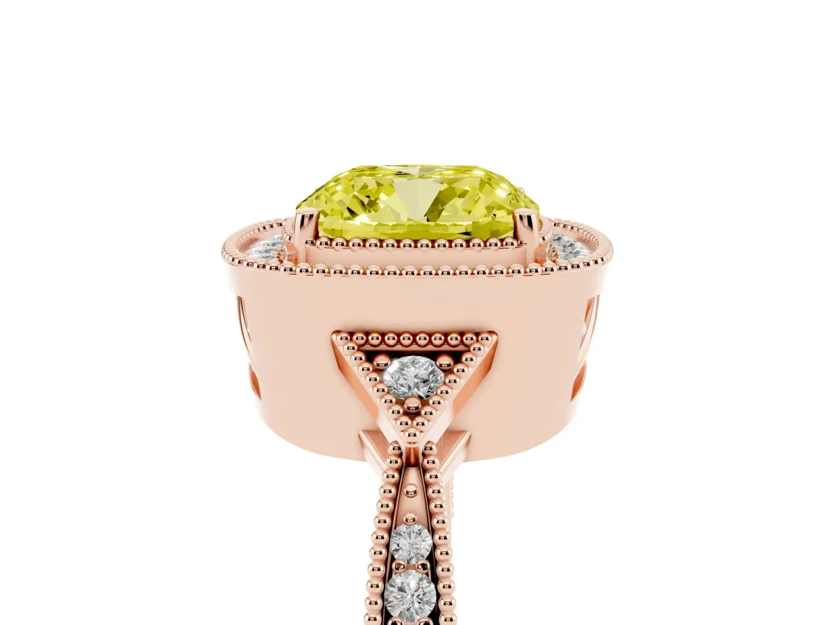 Fancy Yellow Cushion Cut Halo Round Diamond Milgrain Pave Engagement Ring Rose gold