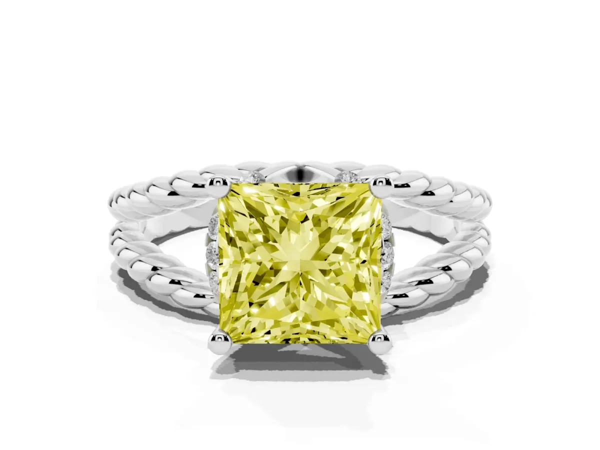 Fancy Yellow Princess Cut Halo Twisted Band Four-Prong Ring Silver