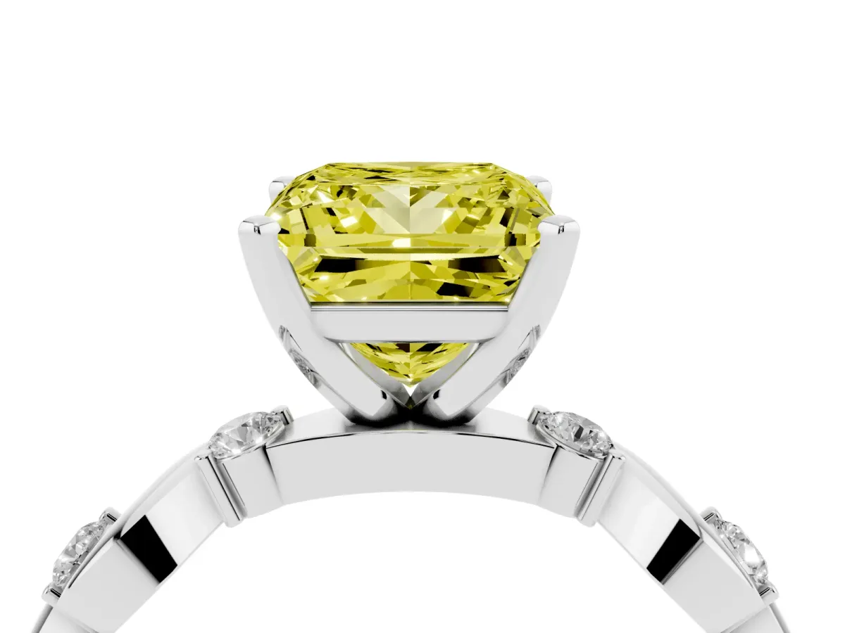 Fancy Yellow Princess Cut Diamond Solitaire Twisted Band with Round Accents and Prong Setting Silver