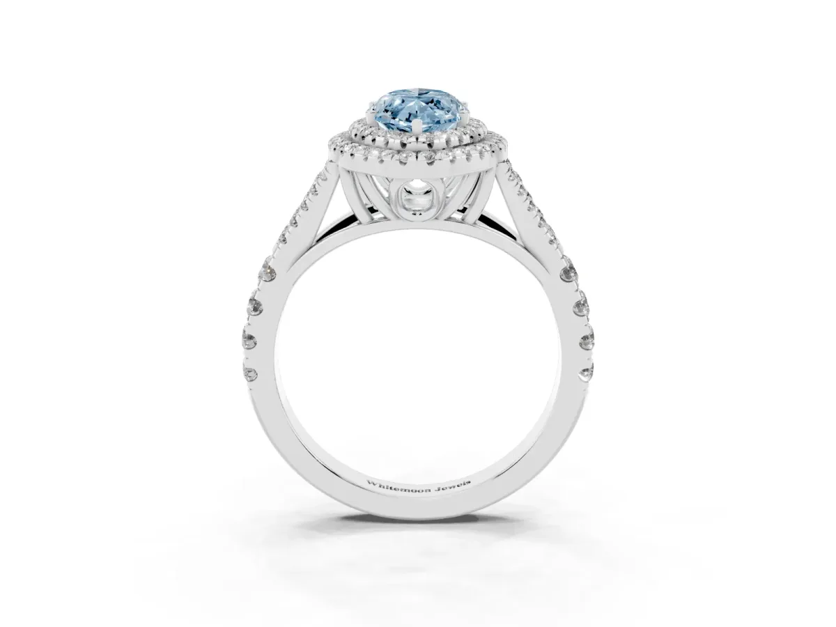 Fancy Blue Marquise Cut Cut Double Halo Split Shank Diamond Ring with Prong Setting Platinum