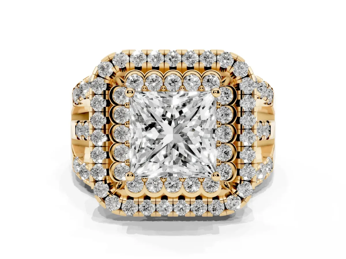 Princess Cut Diamond Double Halo Ring with Round Pavé Split Shank and Prong Setting Yellow gold