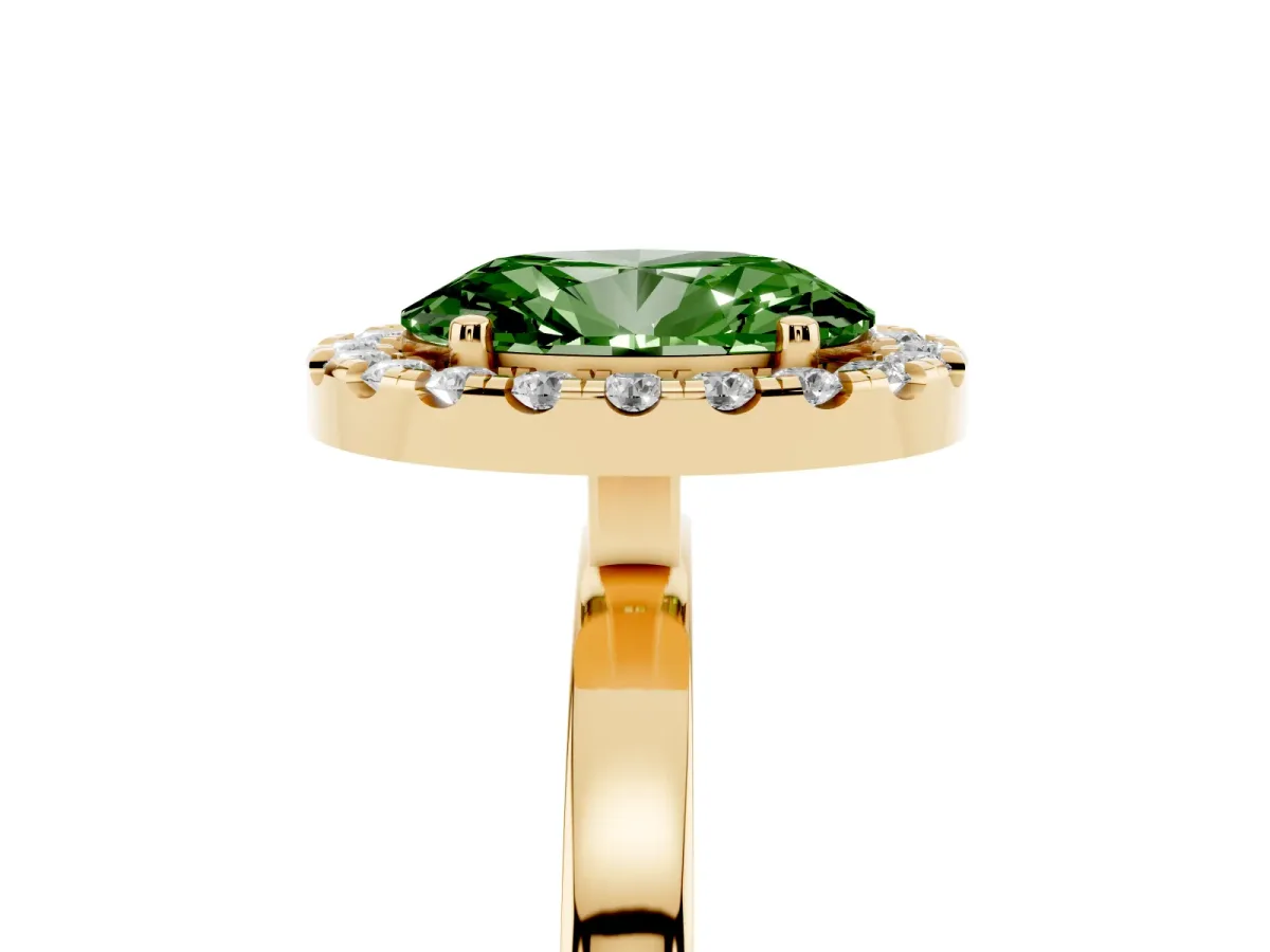 Fancy Green Oval Cut Halo Diamond Solitaire with Pavé Band and Four-Prong Setting Yellow gold