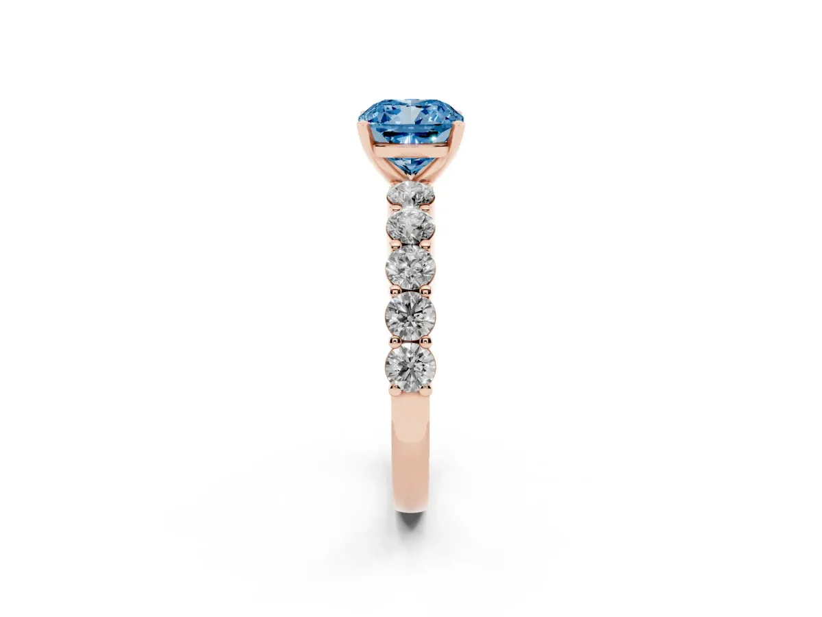 Fancy Blue Cushion Cut Diamond Solitaire Ring with Shared Prong Round Side Stones Rose gold