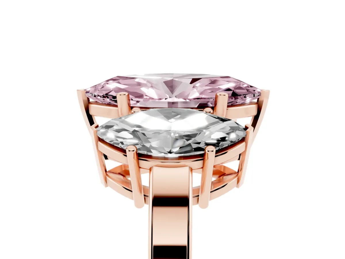 Fancy Pink Three-Stone Marquise Cut Cut Diamond Engagement Ring with Flat Band and Four-Prong Setting Rose gold