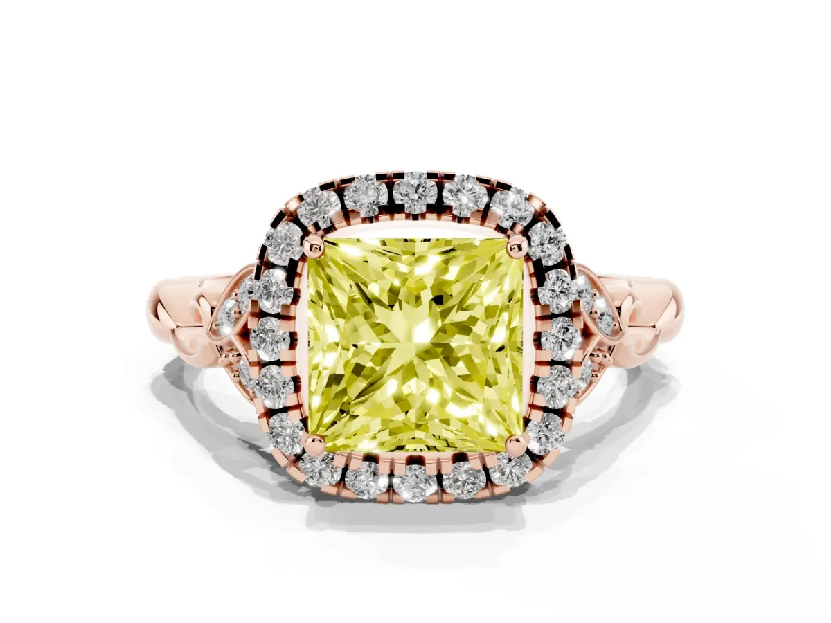Fancy Yellow Princess Cut Halo Diamond Engagement Ring with Vintage-Inspired Band and Four-Prong Setting Rose gold
