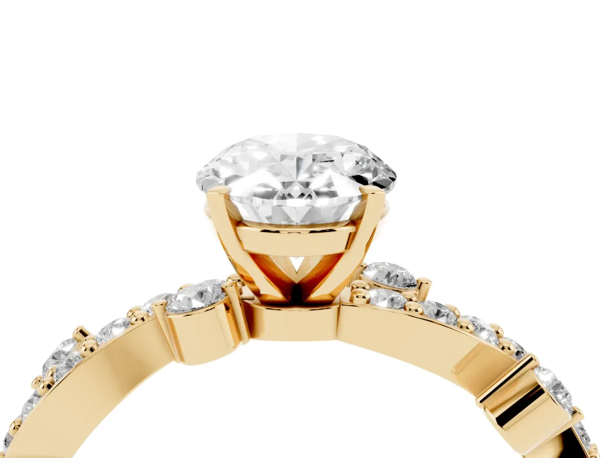 Oval Cut Cut Solitaire Diamond Twisted Band with Pave Setting Yellow gold