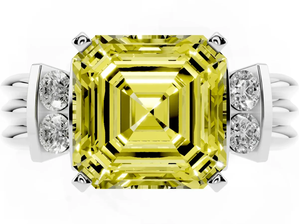 Fancy Yellow Asscher Cut Cut Three-Stone Channel Set Ring with Bar Prongs Silver
