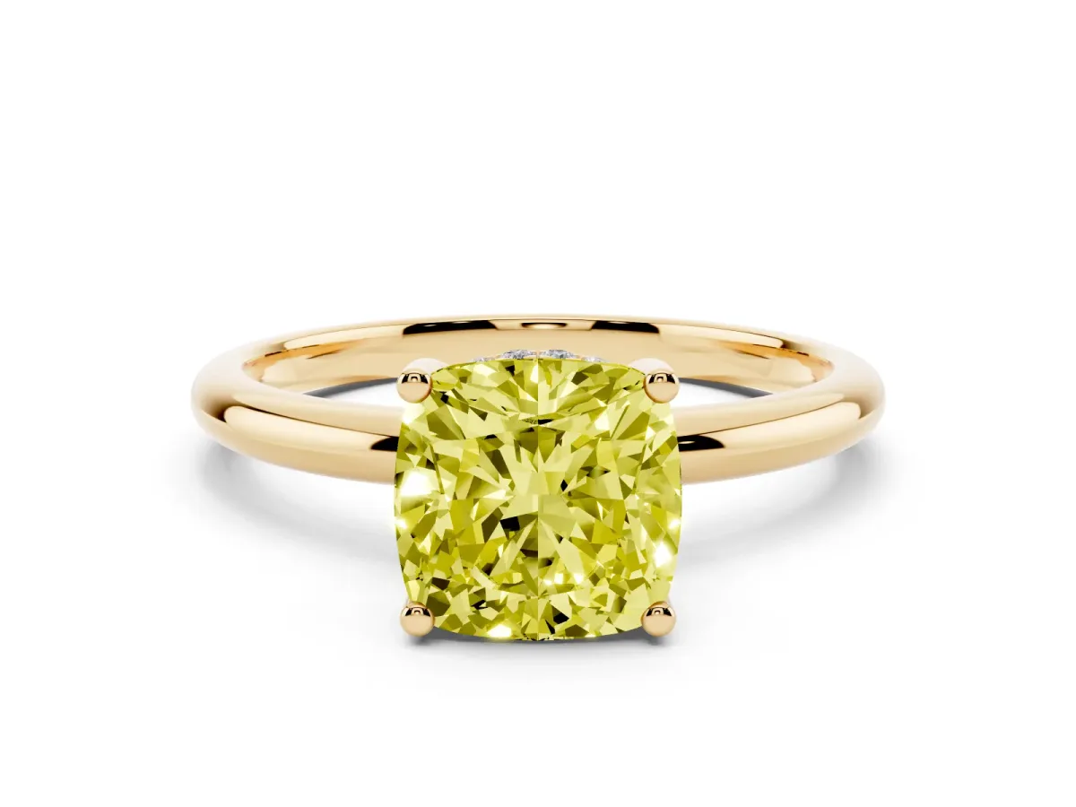 Fancy Yellow Cushion Cut Cut Solitaire Engagement Ring with Four-Prong Setting and Classic Band Yellow gold