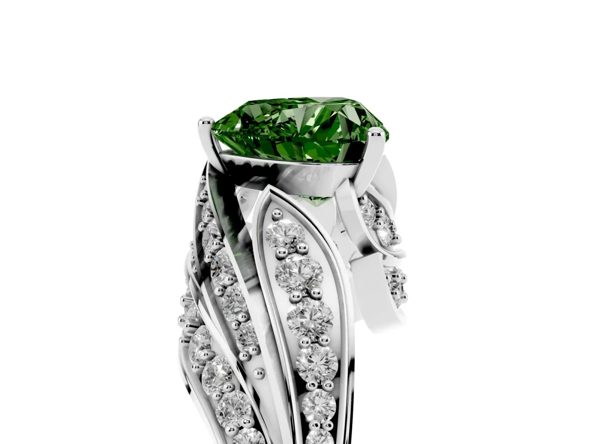 Fancy Green Heart Cut Diamond Solitaire Ring with Prong Setting and Twisted Pavé Band White gold