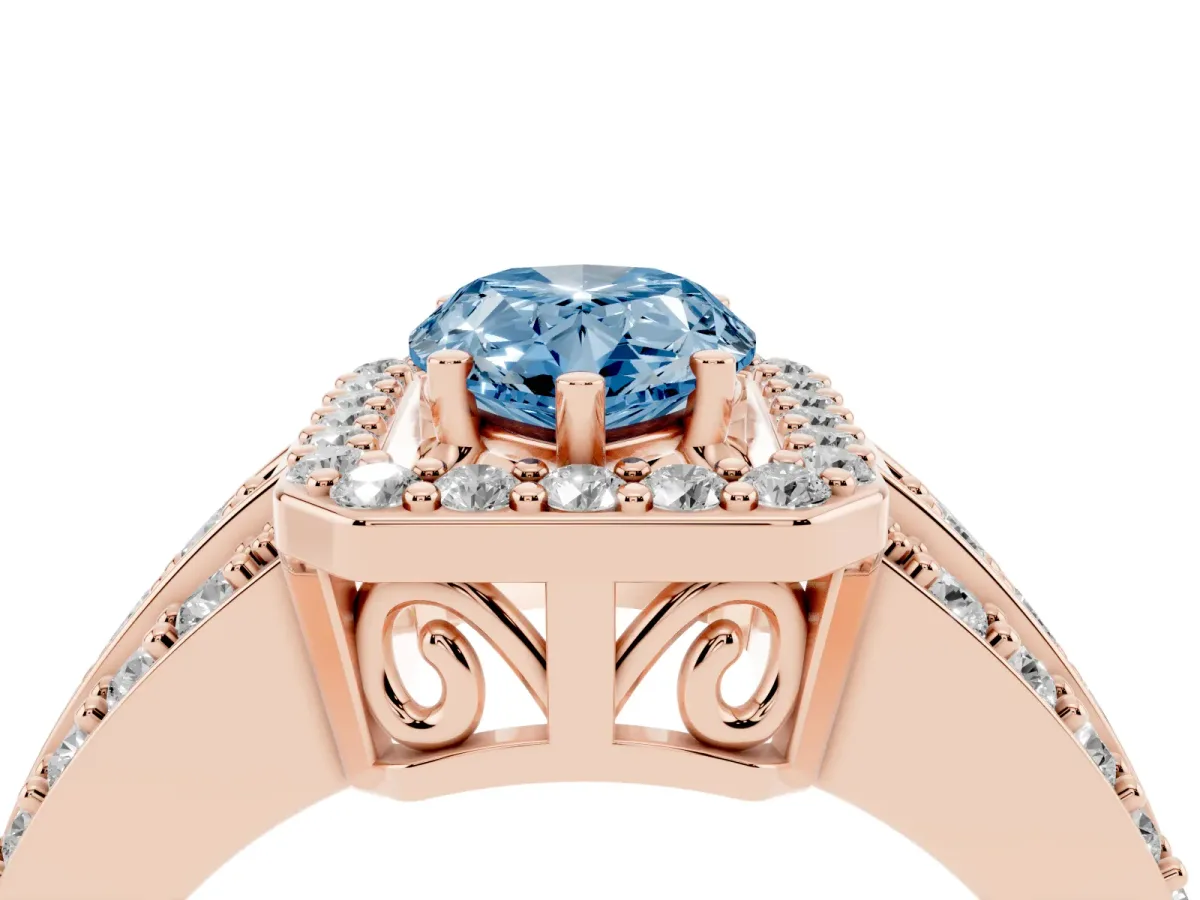 Fancy Blue Pear Cut Halo Diamond Ring with Round Split Shank and Prong Setting Rose gold