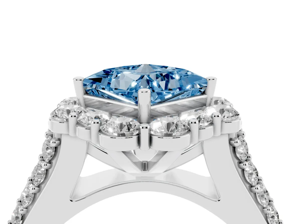 Fancy Blue Princess Cut Halo Diamond Engagement Ring with Split Shank and Prong Setting Silver